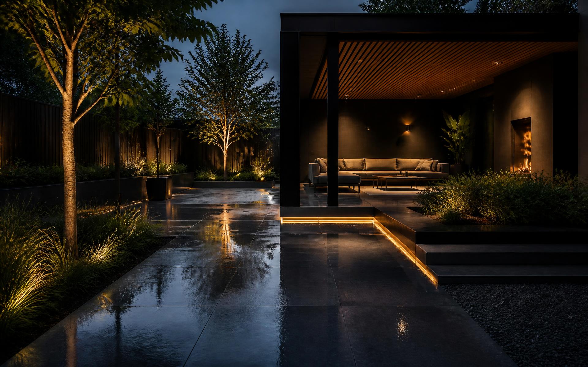 Moderne tuin met natuursteen bestrating en verlichte overkapping